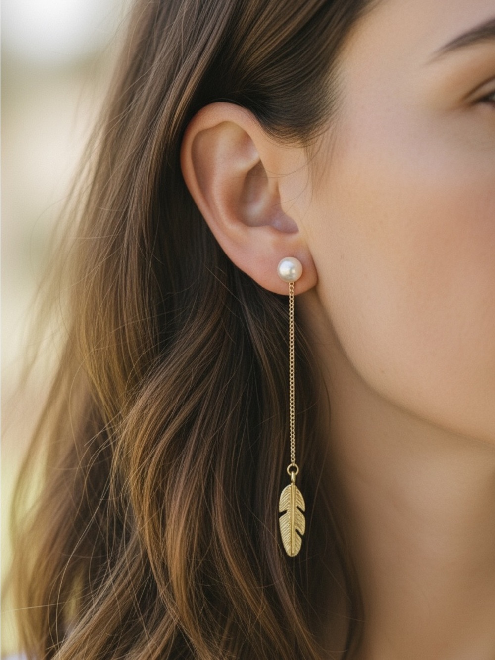Boho Pearl Feather Dangle Gold Indie Earrings - Picture 3 of 6